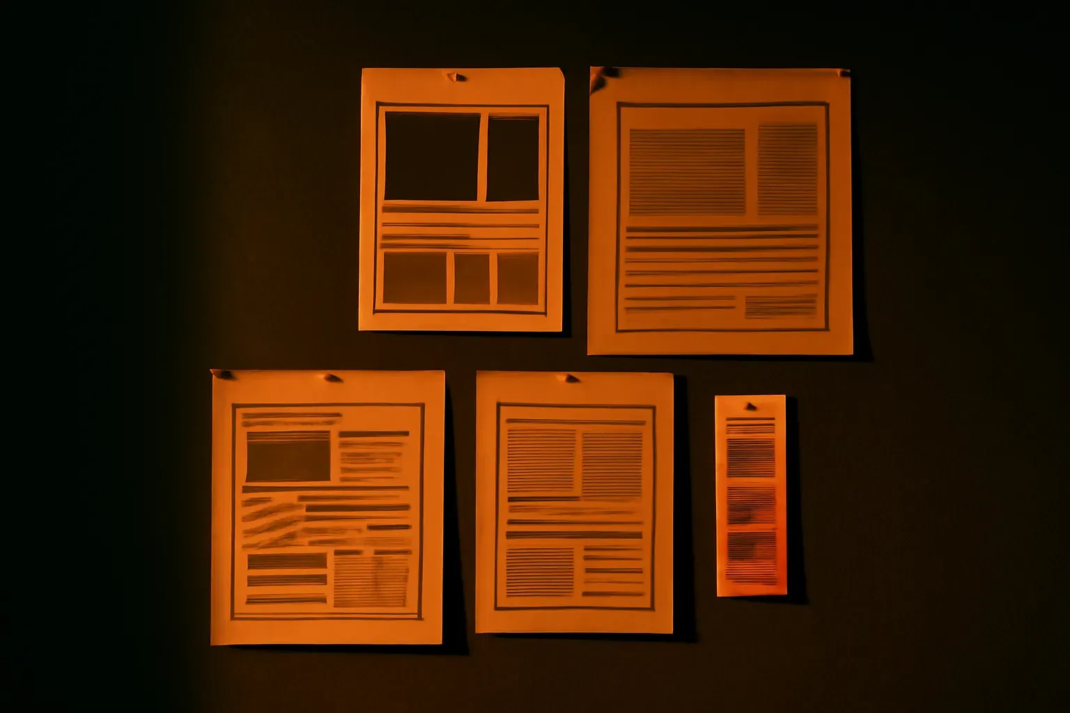 Wall of process notes and printed drafts, duotone, documenting a project in progress.